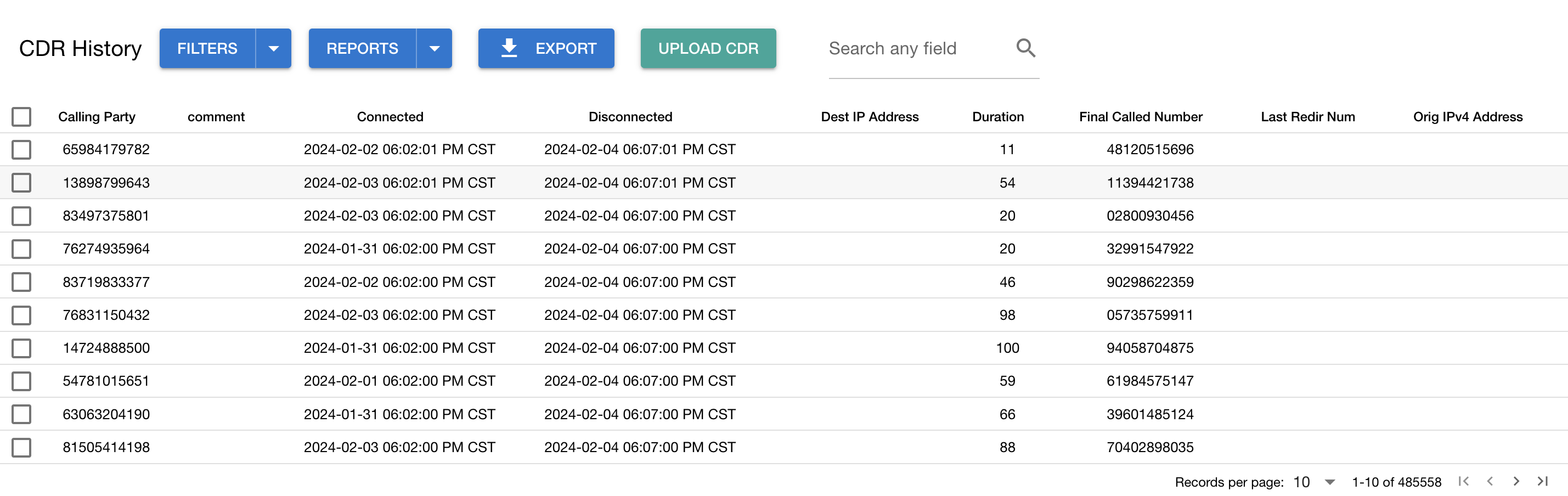 Screenshot of Cisco Call Accounting CDR Reports