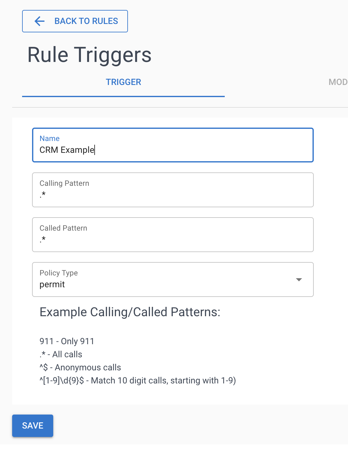 Screenshot showing a rule trigger pattern 