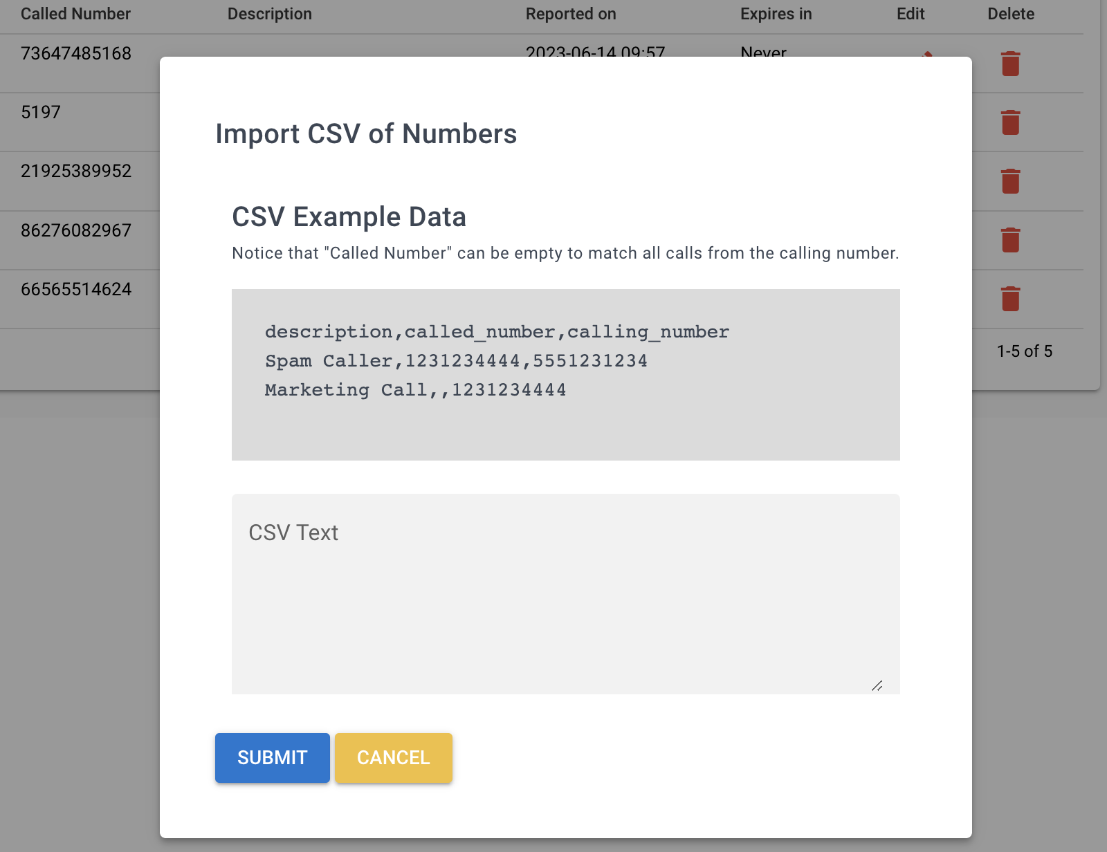 Screenshot of a user adding a CSV list of calling numbers to block