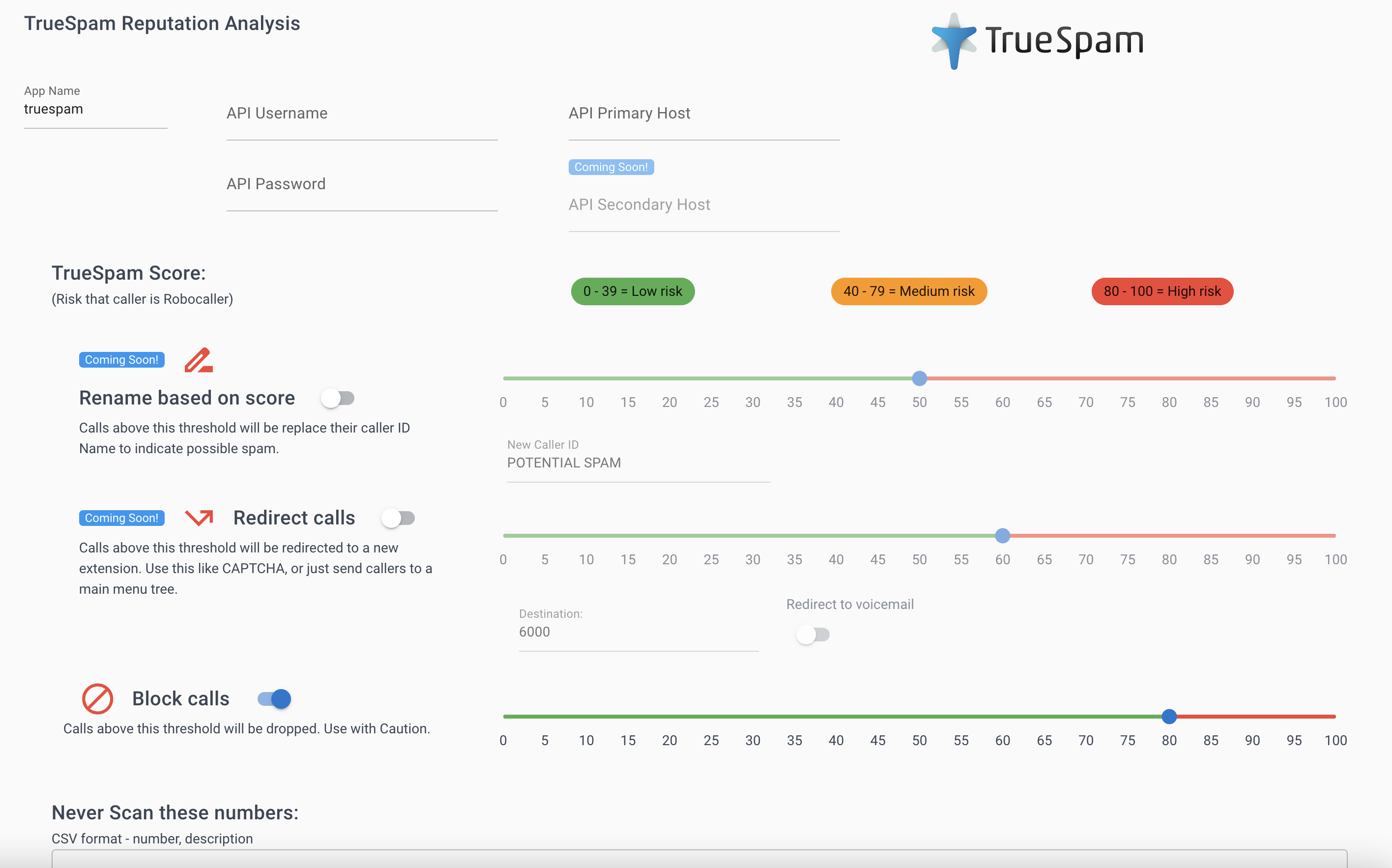 Screenshot showing an overview of the TrueSpam App