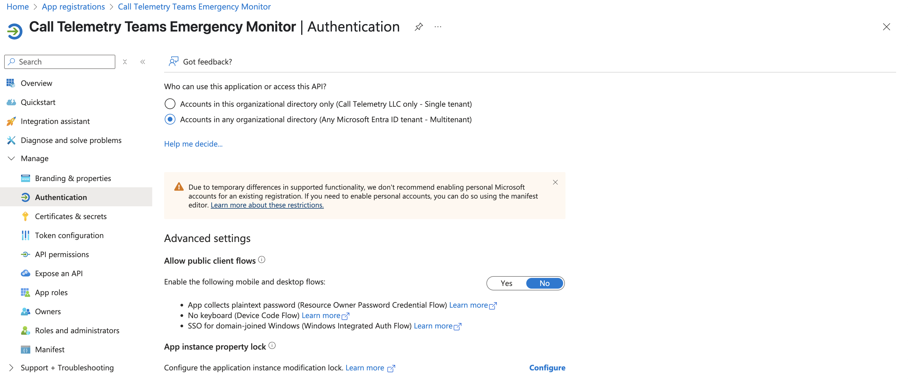 Azure App Authentication Settings