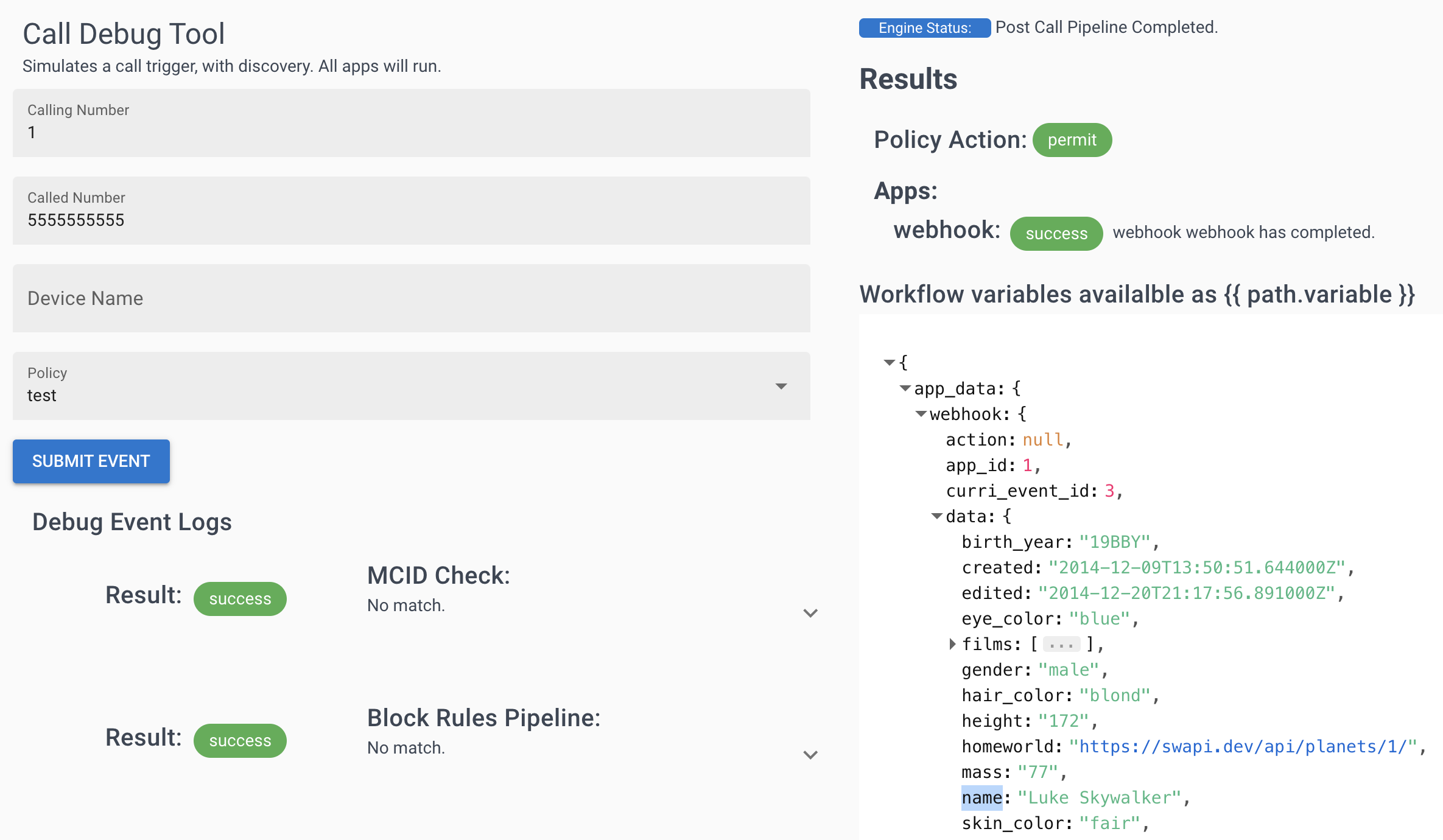 Example showing how Webhooks insert data to a call