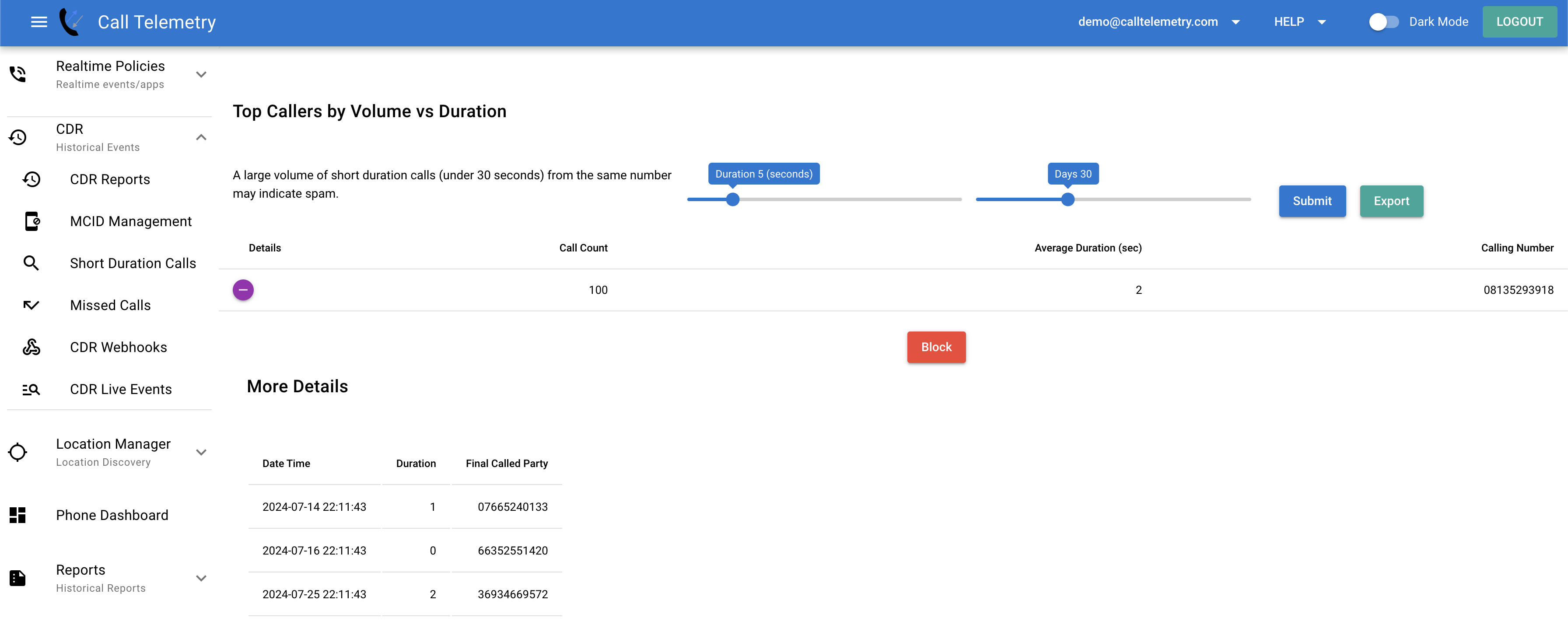 Screenshot showing low duration calls to block