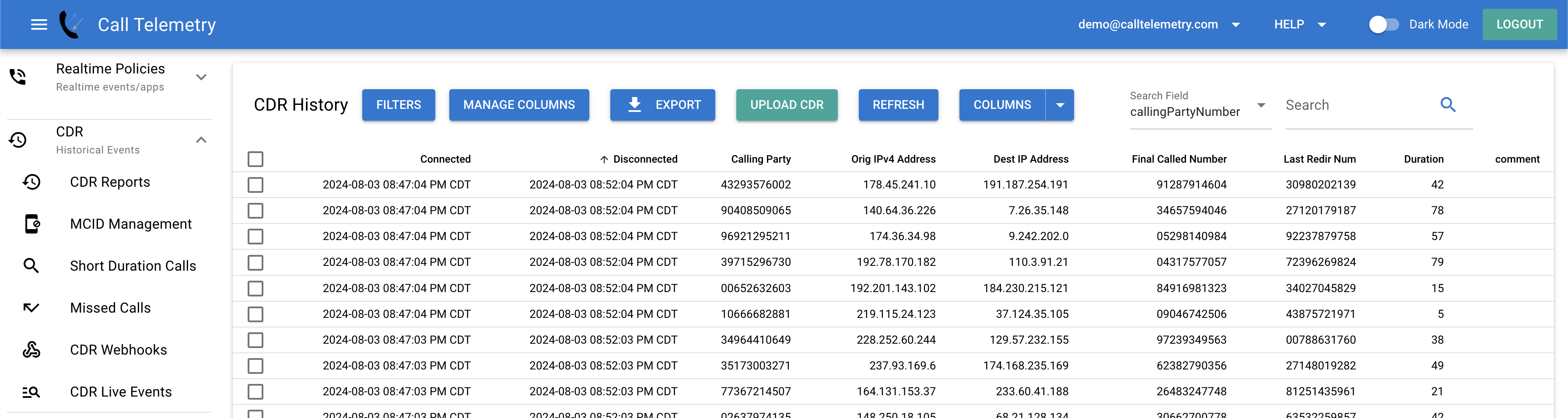 Screenshot of Cisco Call Accounting CDR Reports