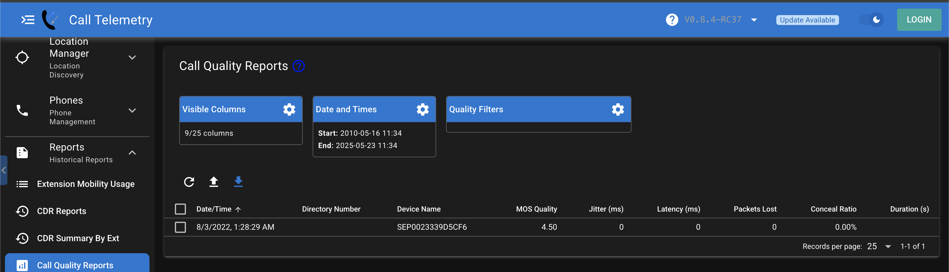 Call Quality Report Table