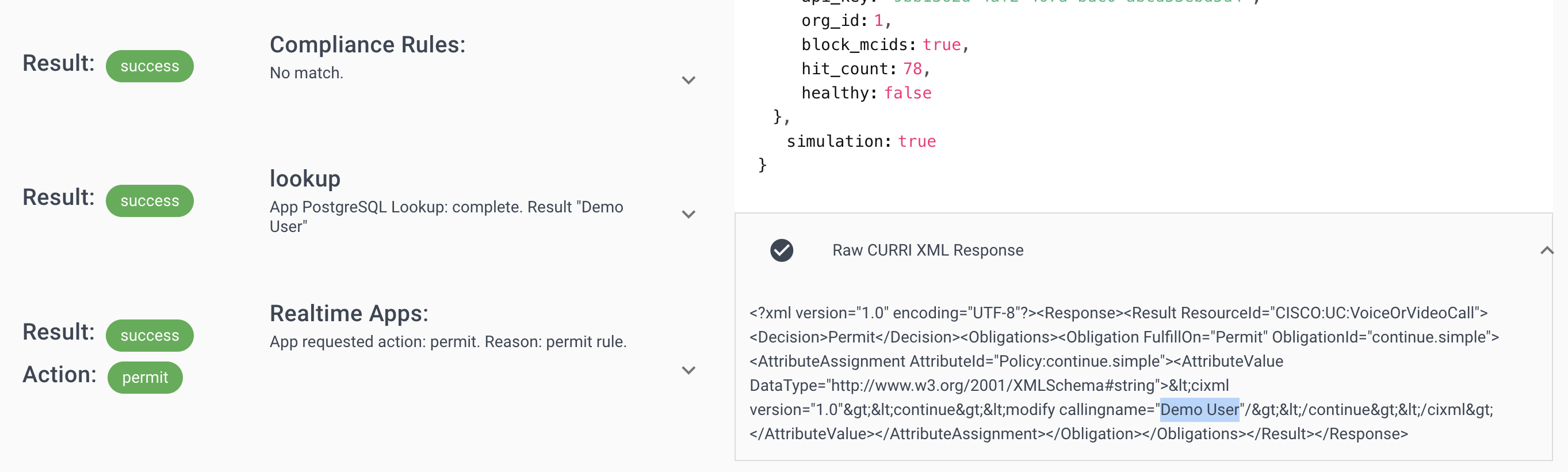 CURRI API output showing caller ID name replaced