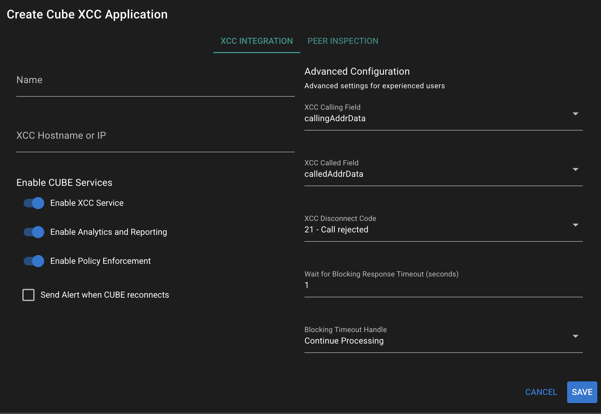 Screenshot of Adding a Cisco CUBE XCC Integration
