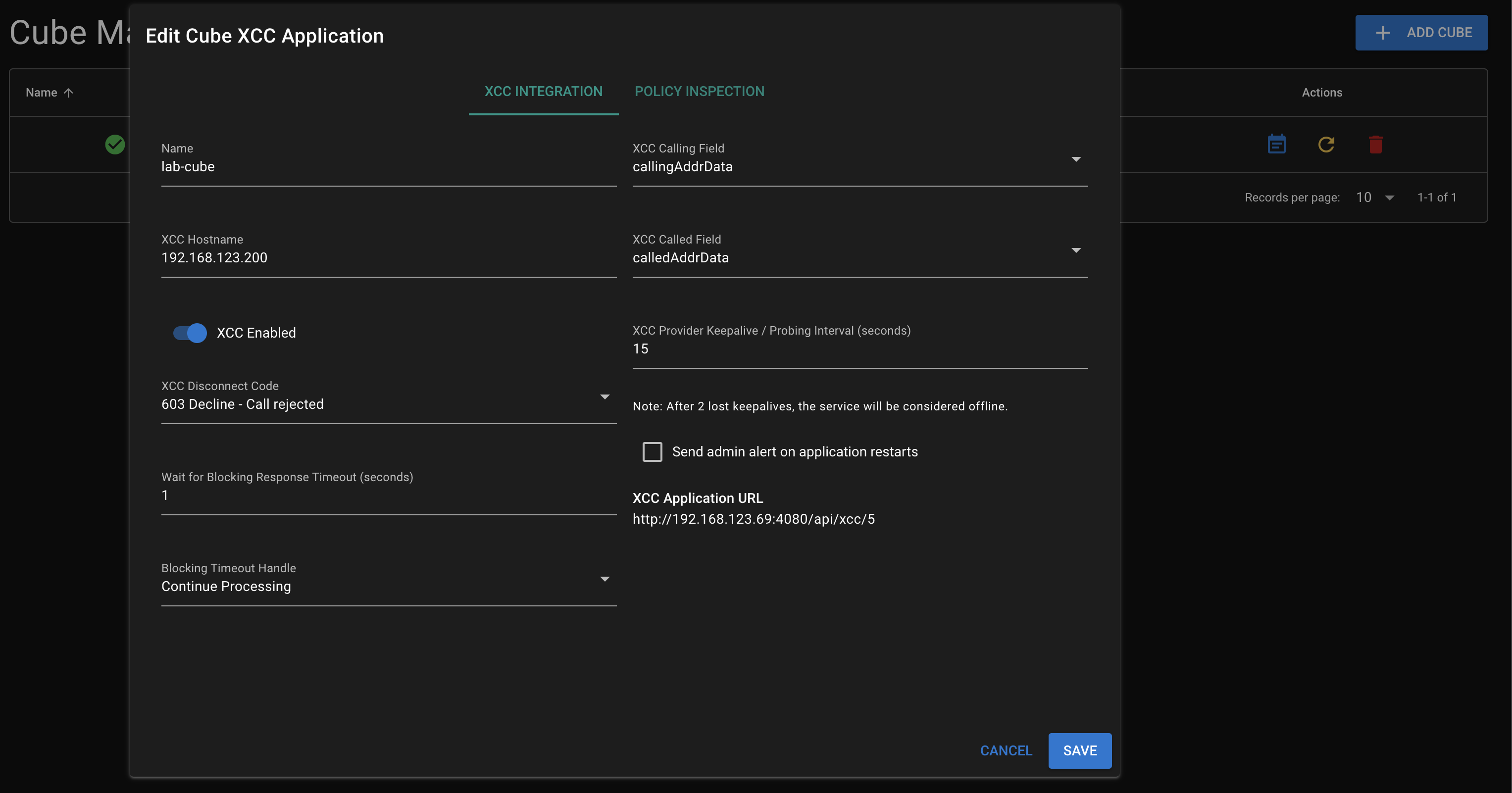 Screenshot of Adding a Cisco CUBE XCC Integration