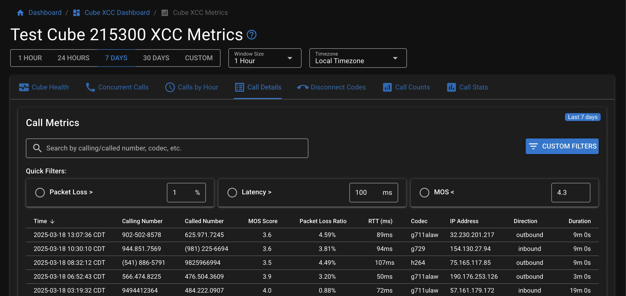 Screenshot of Call Details table