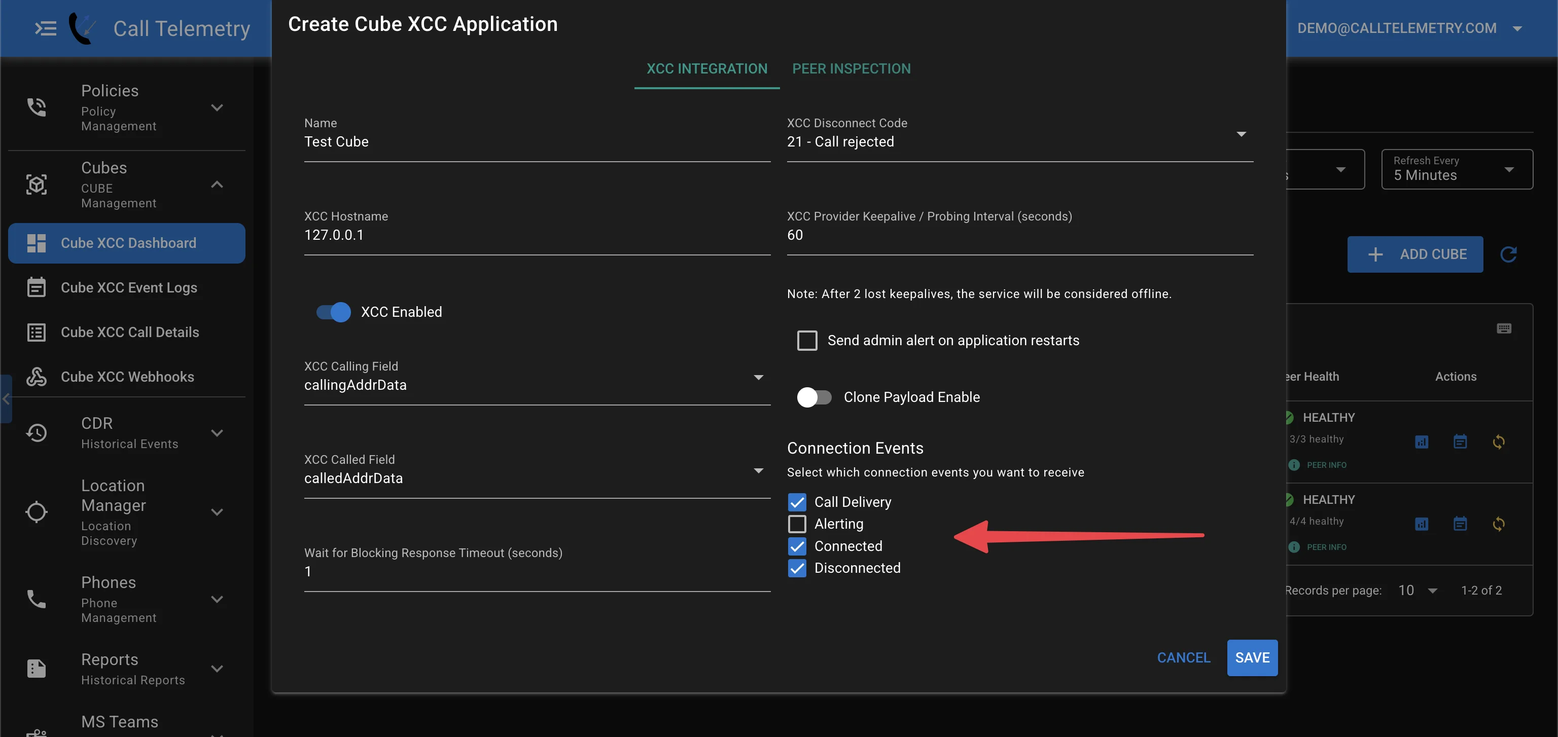 CUBE XCC integration disconnect events configuration