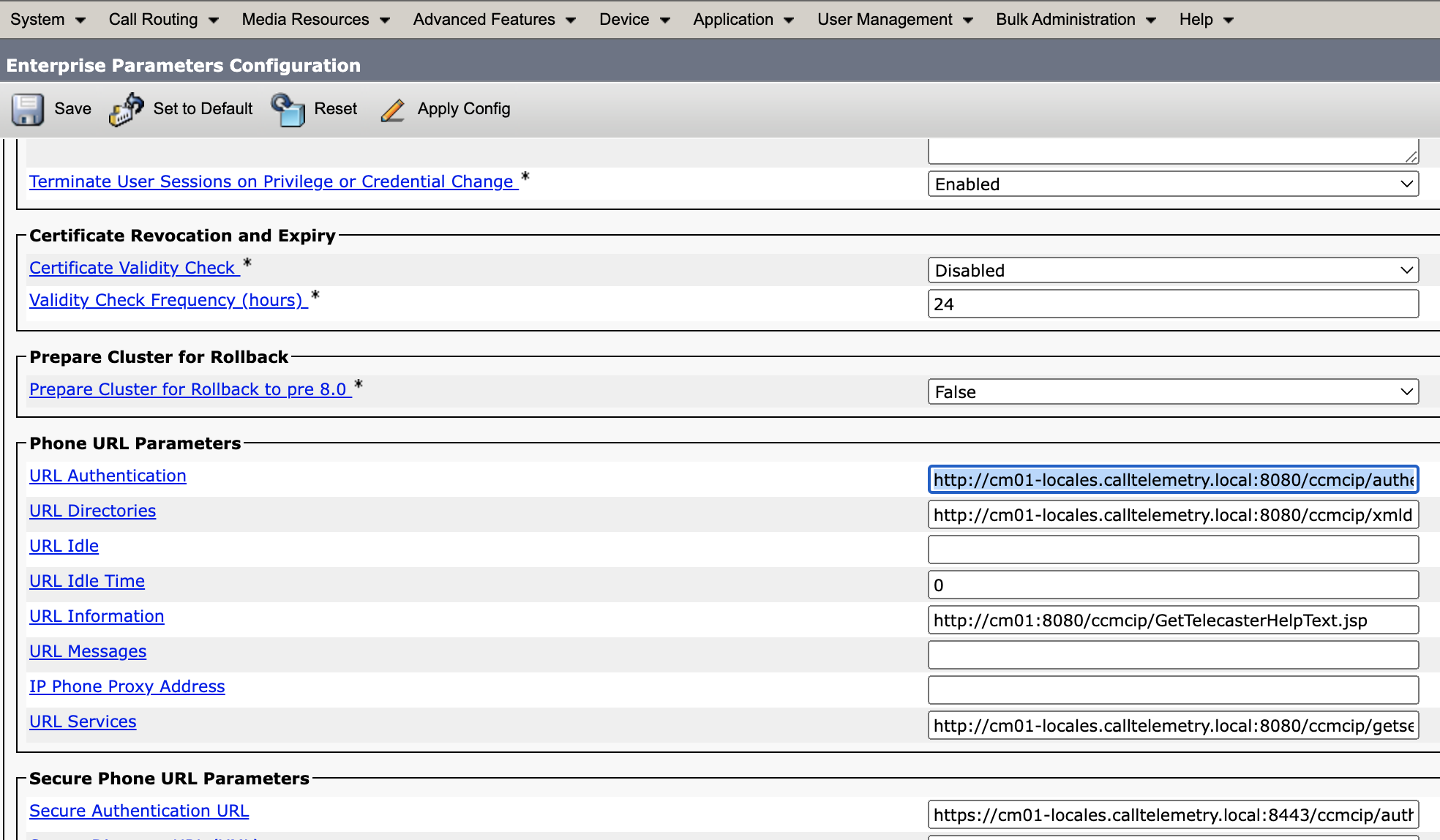 Screenshot of URL Authentication in Cisco Callmanager Service Parameters