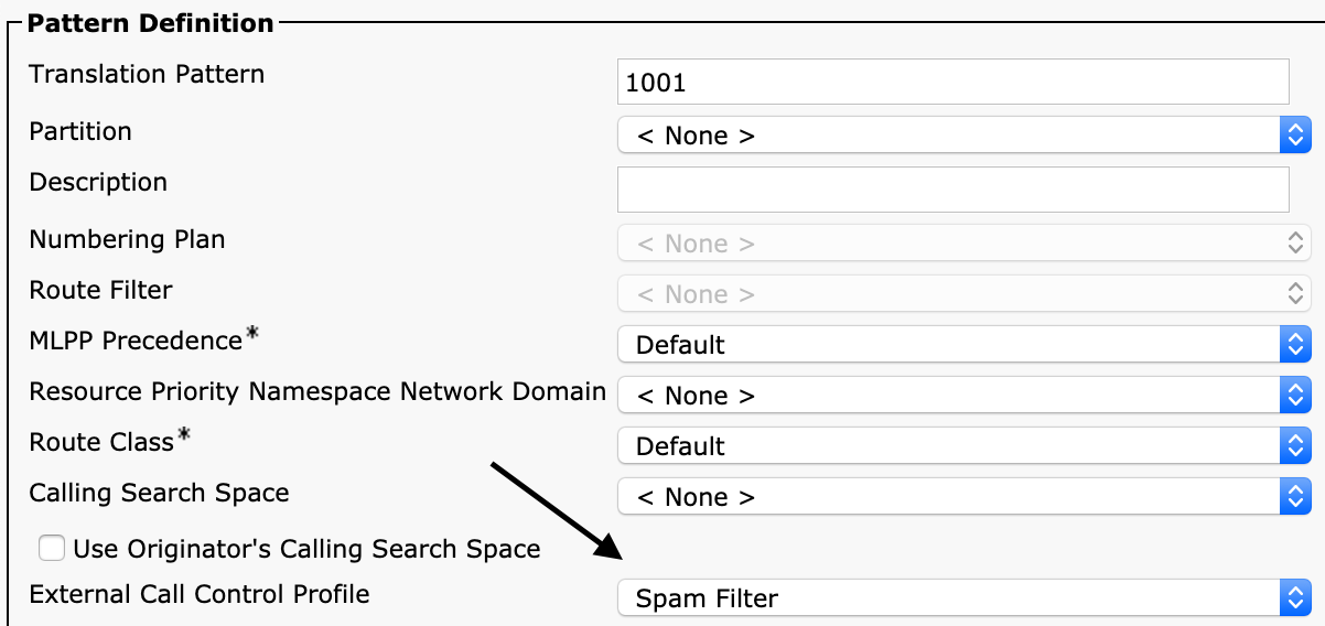 Example showing adding a policy to a translation pattern