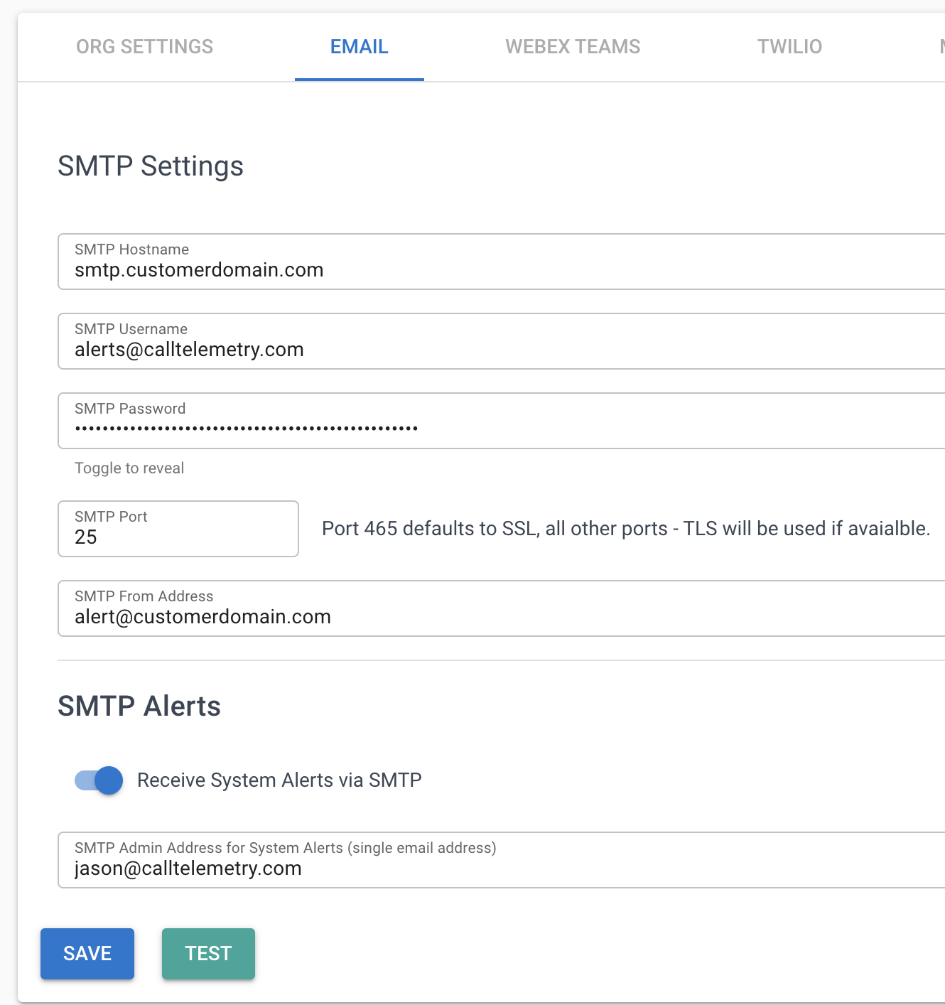 Screenshot showing SMTP settings related to missed calls