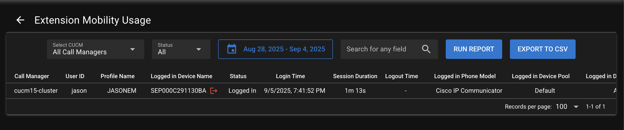 Screenshot of Extension Mobility Usage Report