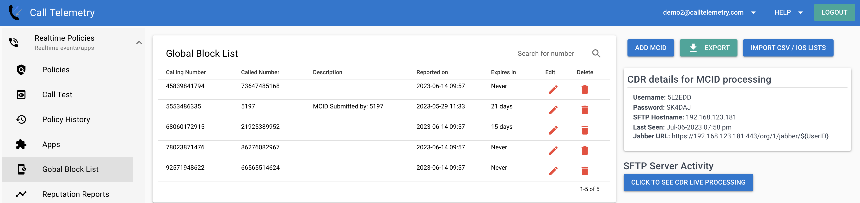 Screenshot of a table showing of all blocked incoming callers