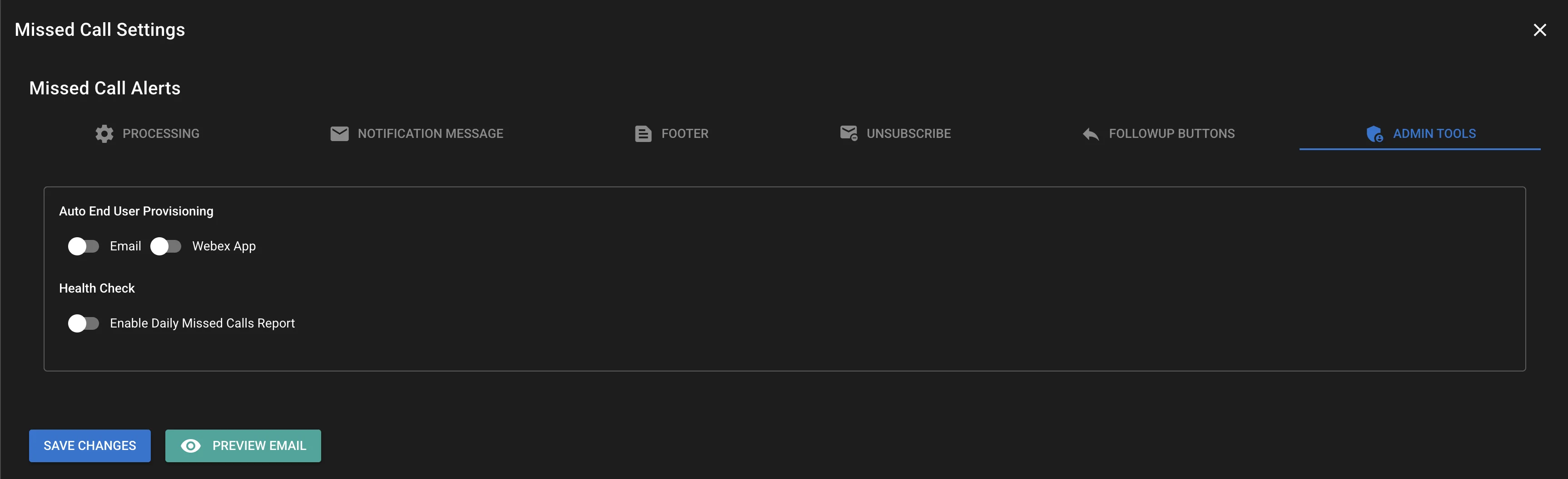 Admi settings screenshot