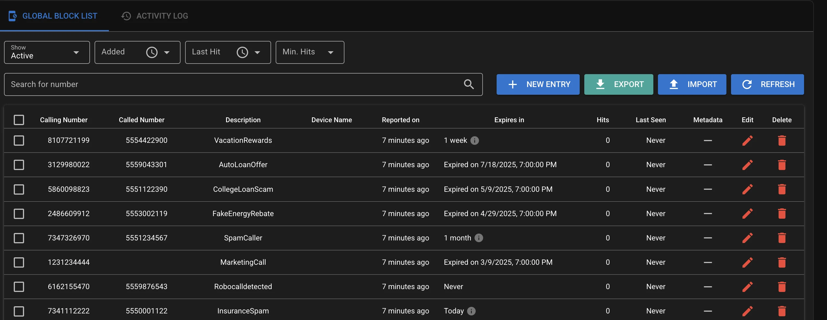 Screen showing a list of blocked incoming call numbers
