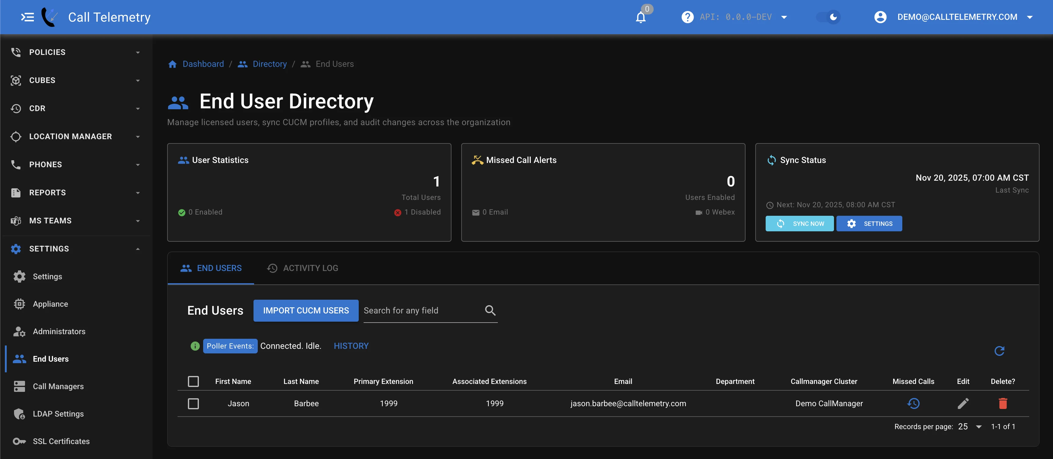 Screenshot showing a search page for Call Telemetry Users