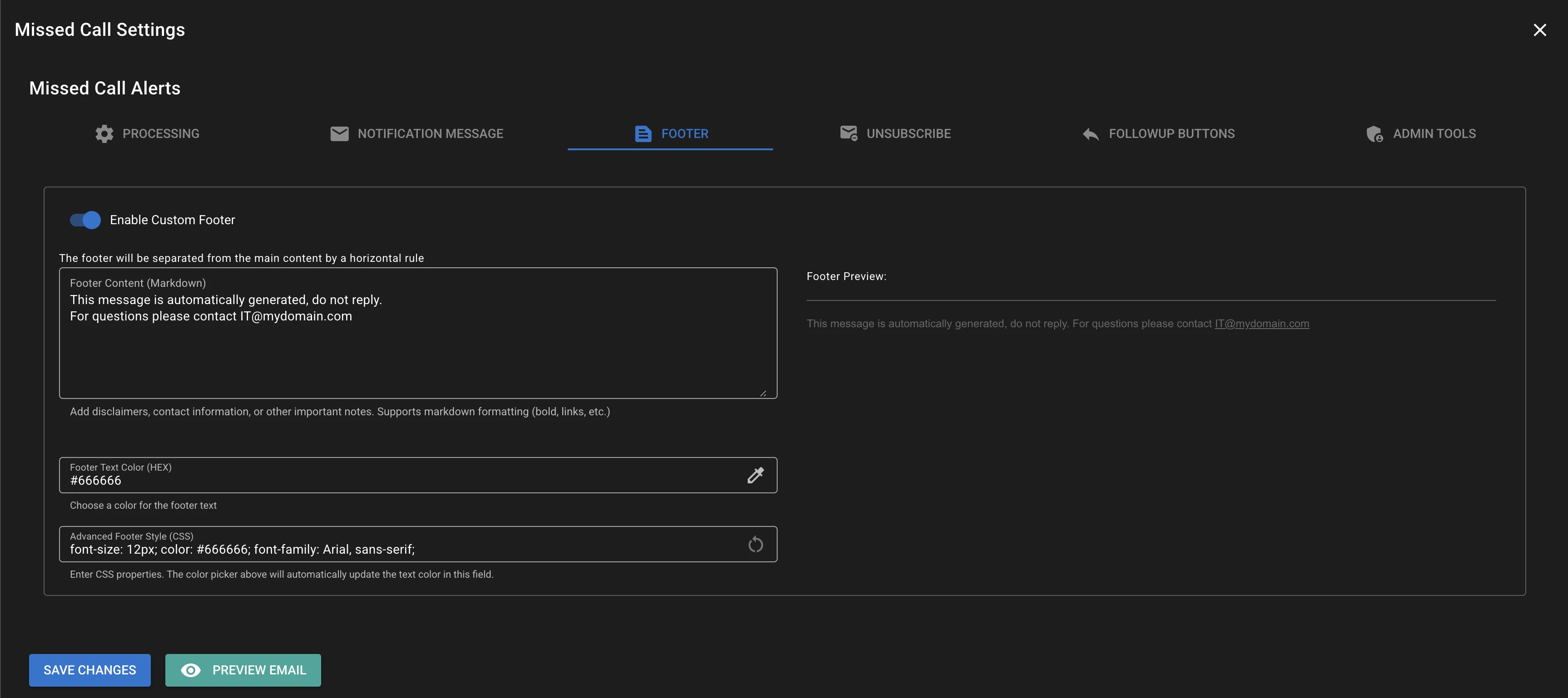Footer settings screenshot