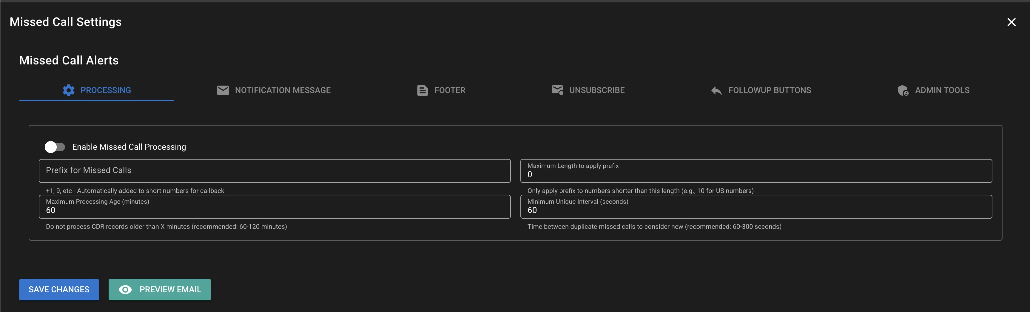 Processing tab screenshot
