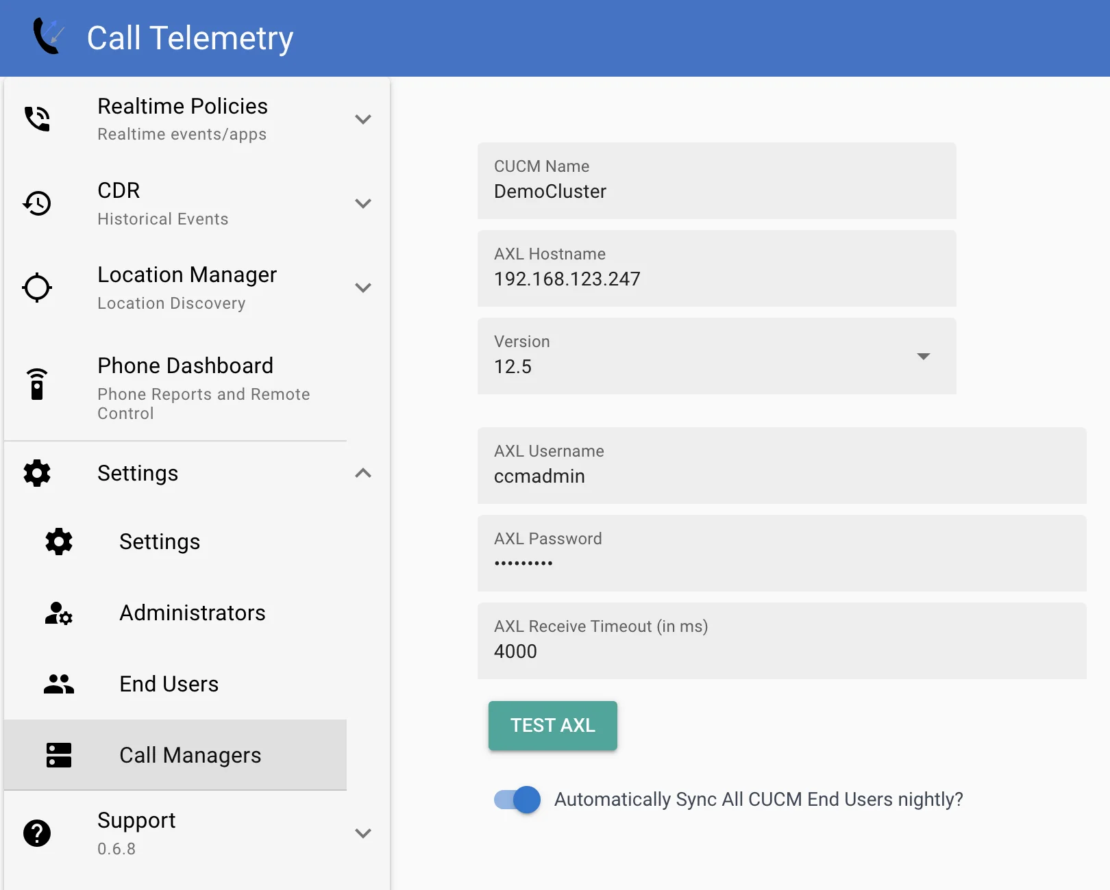 Screenshot showing the Cisco AXL Users Sync Nightly button