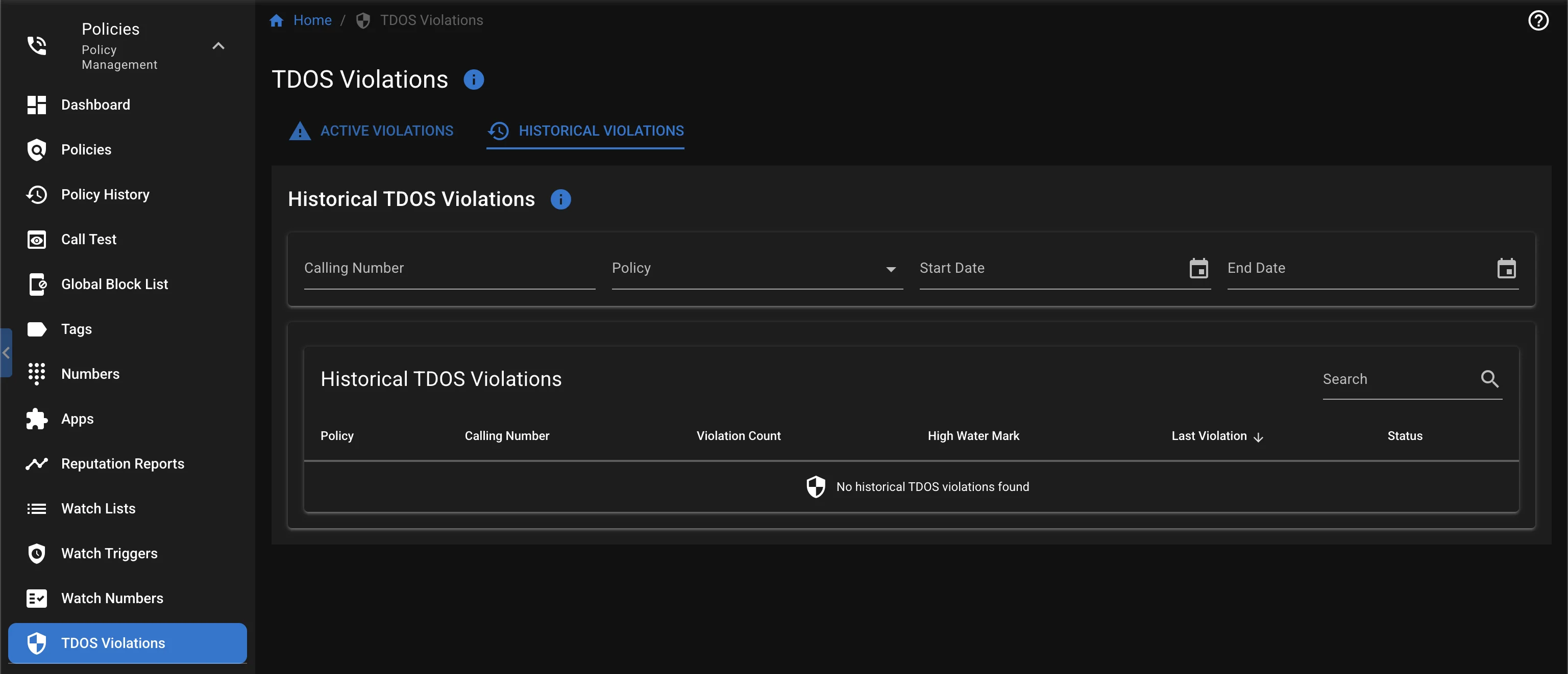 Historical TDoS Violations Screenshot
