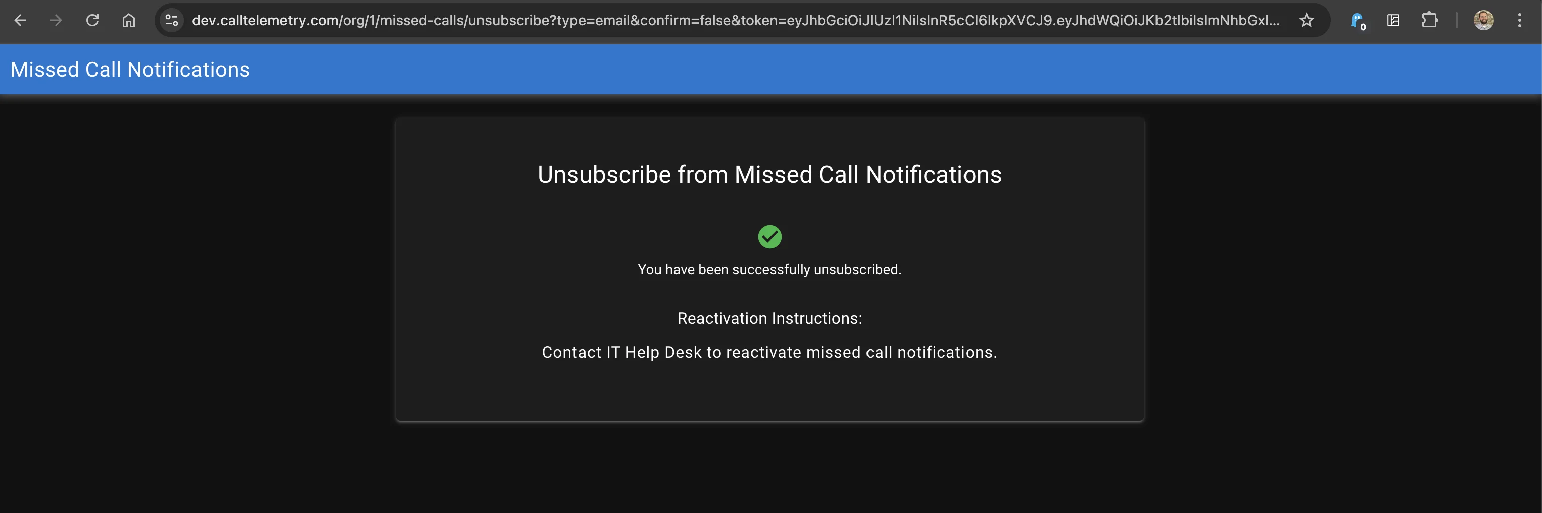 Screenshot of the Unsubscribe Confirmation Page