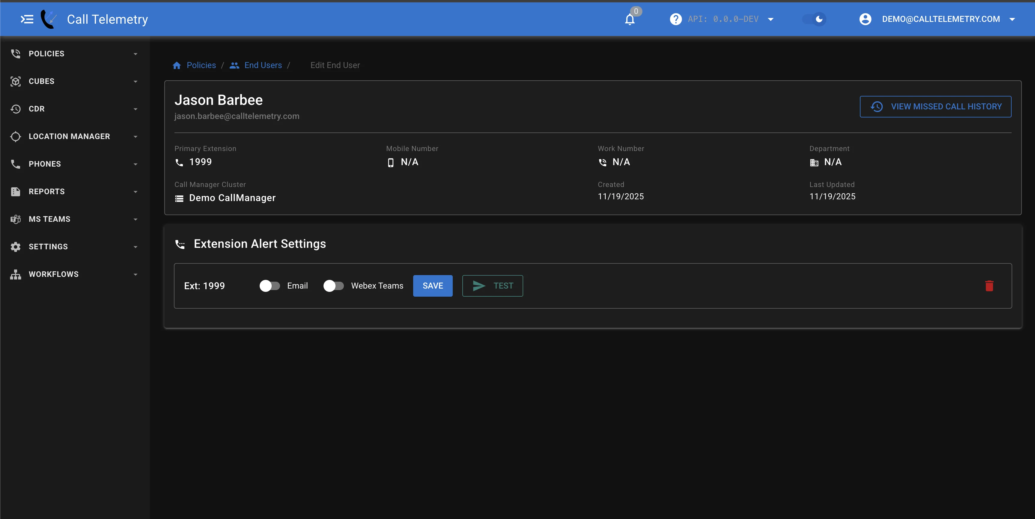 Screenshot showing a choice of email or webex alerts for a user