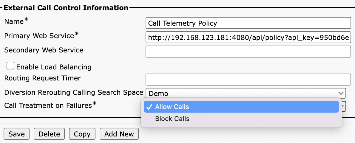 Screenshot of Cisco Callmanager Extended Control Profile call treatement on failures