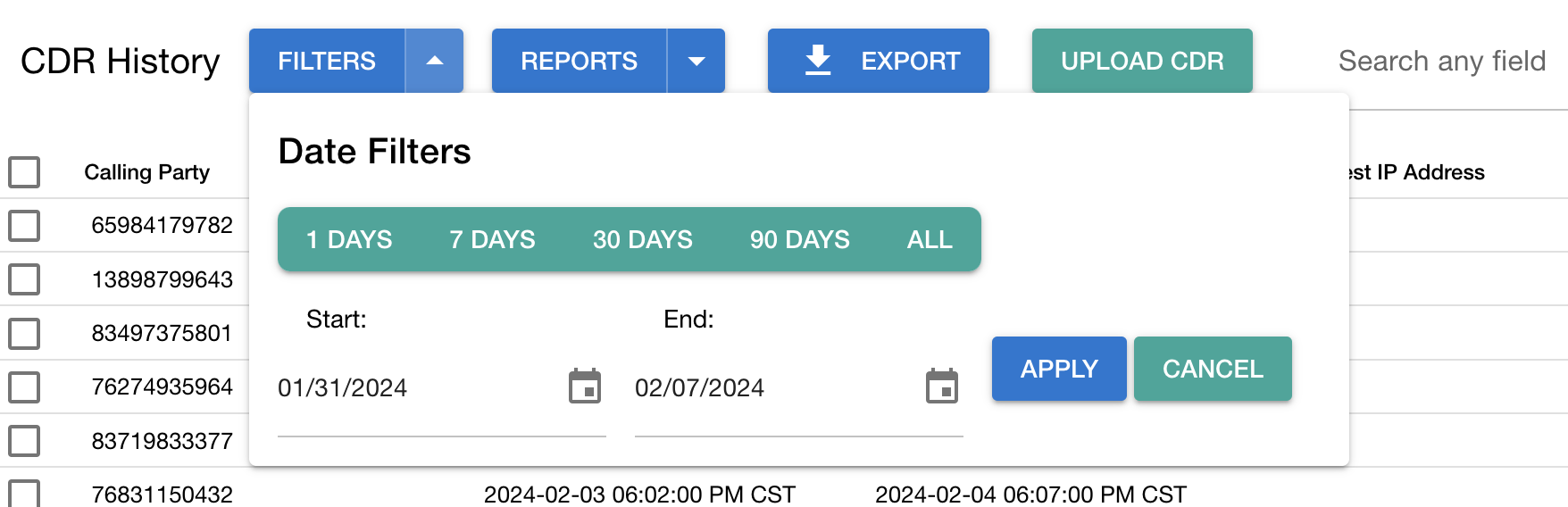 Screenshot of CDR Reporting with date range filter