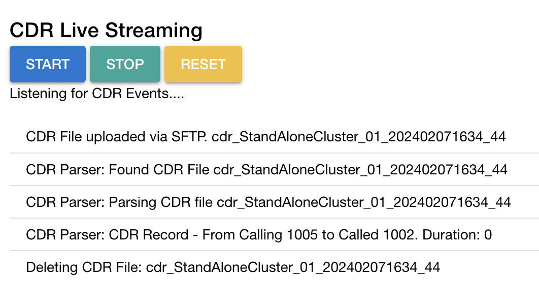 Screenshot of CDR Reporting with live streaming