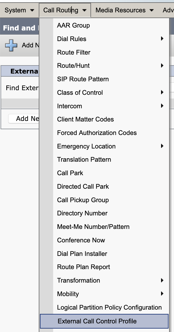 Showing the Extended Call Control Profile navigation screen in Callmanager