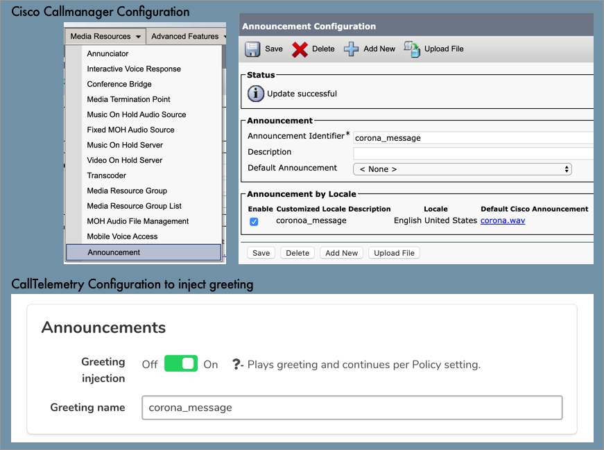 Screenshot of configuring a greeting in Cisco callmanager