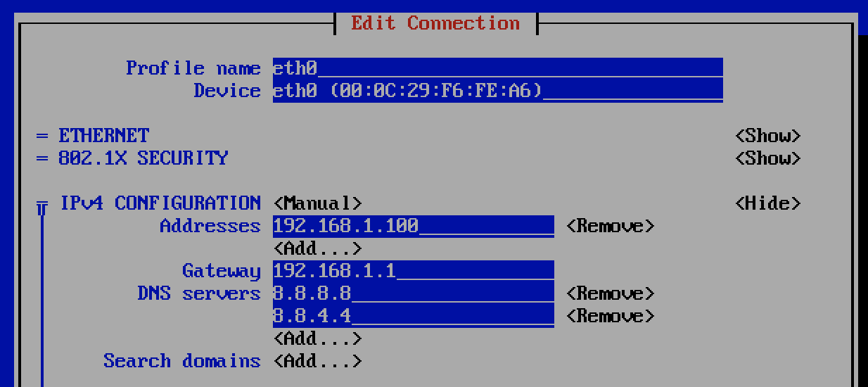 Screen of IP Networking configuration