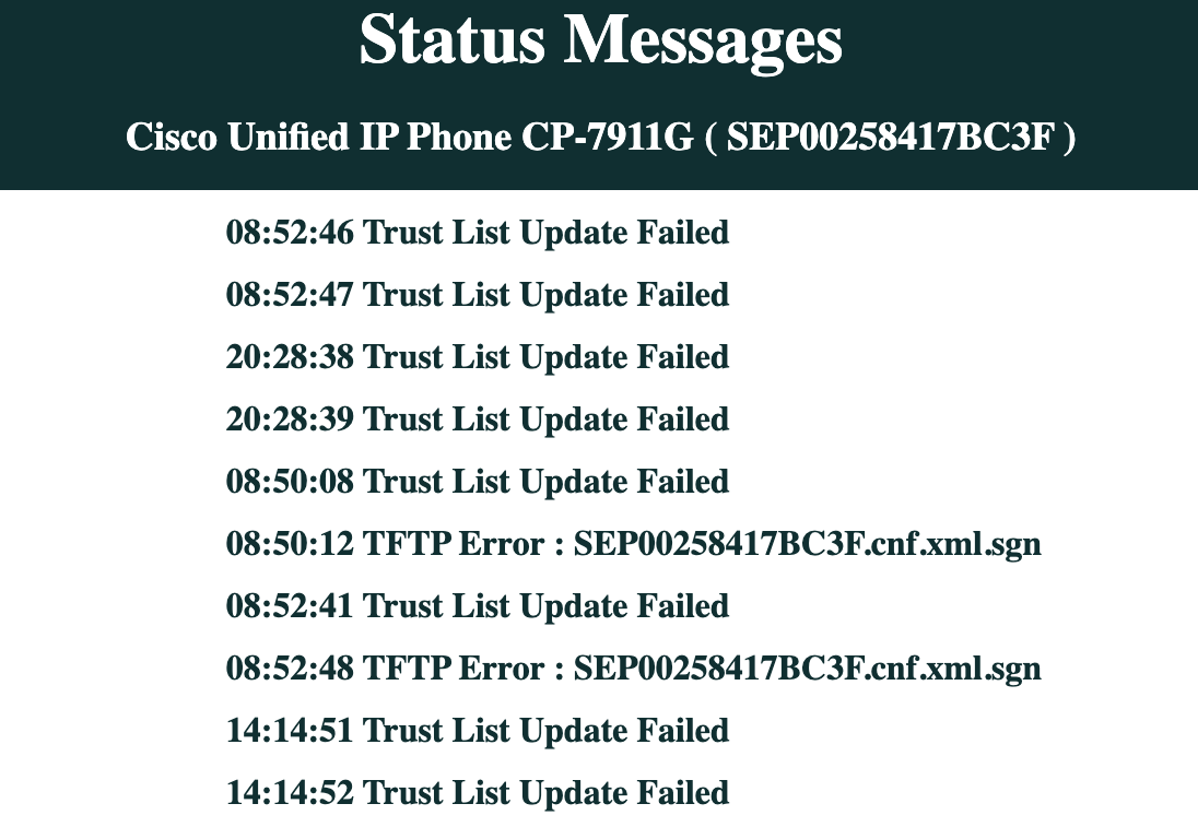 Screenshot of ITL Trust Failed on Cisco IP Phone