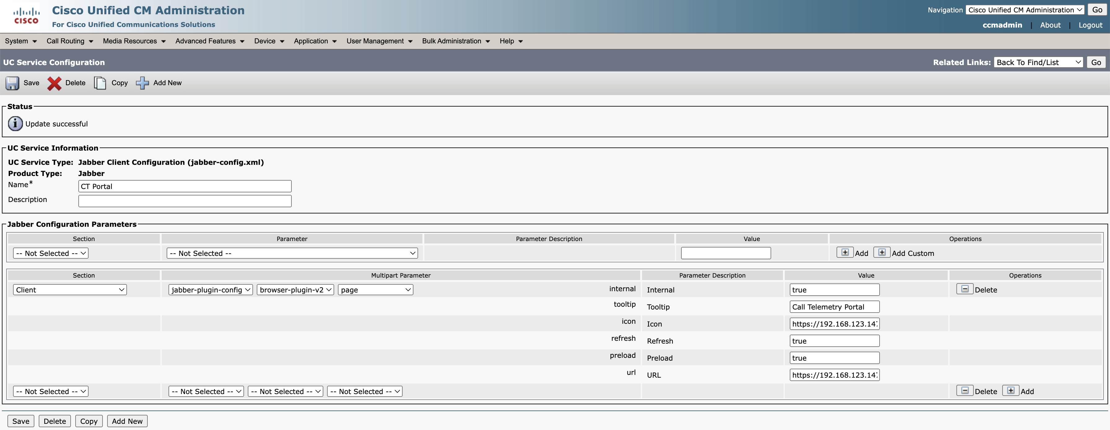 Screenshot showing the Cisco Callmanager UC Service settings