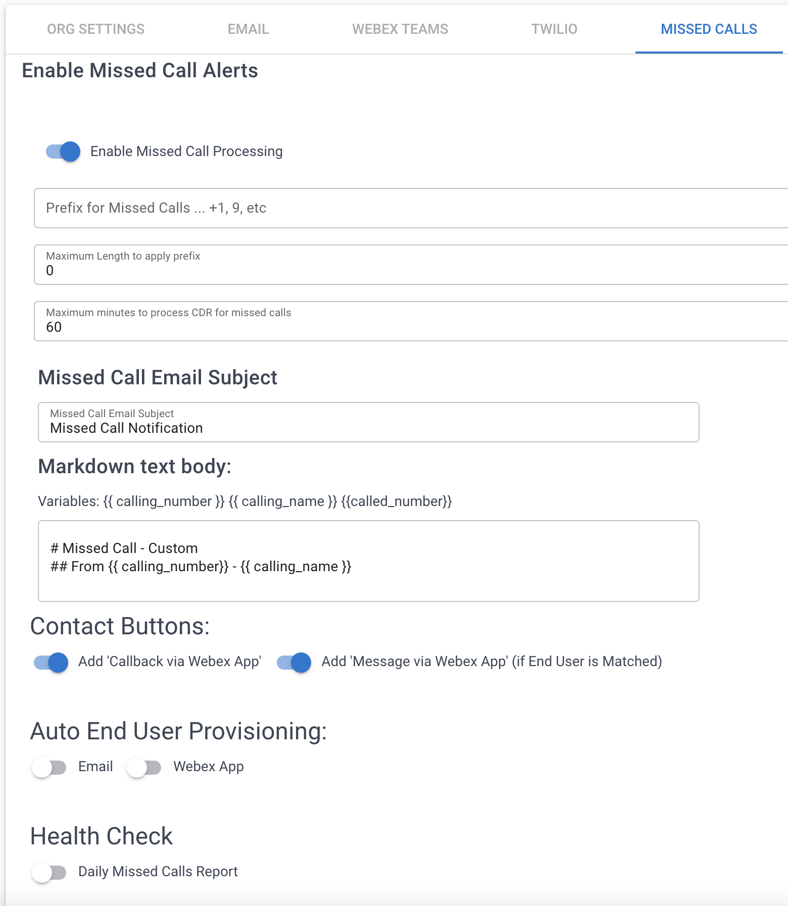 Settings for Missed Call Alerts