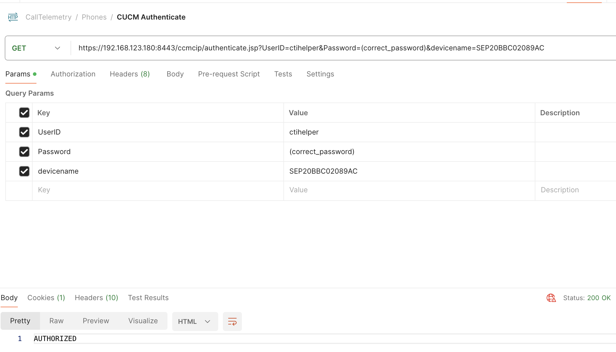Screenshot of Postman Testing CUCM Authentication API