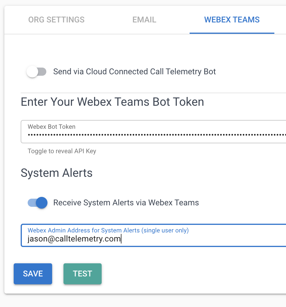 Screenshot of the Webex Teams Notifications Setup Screen