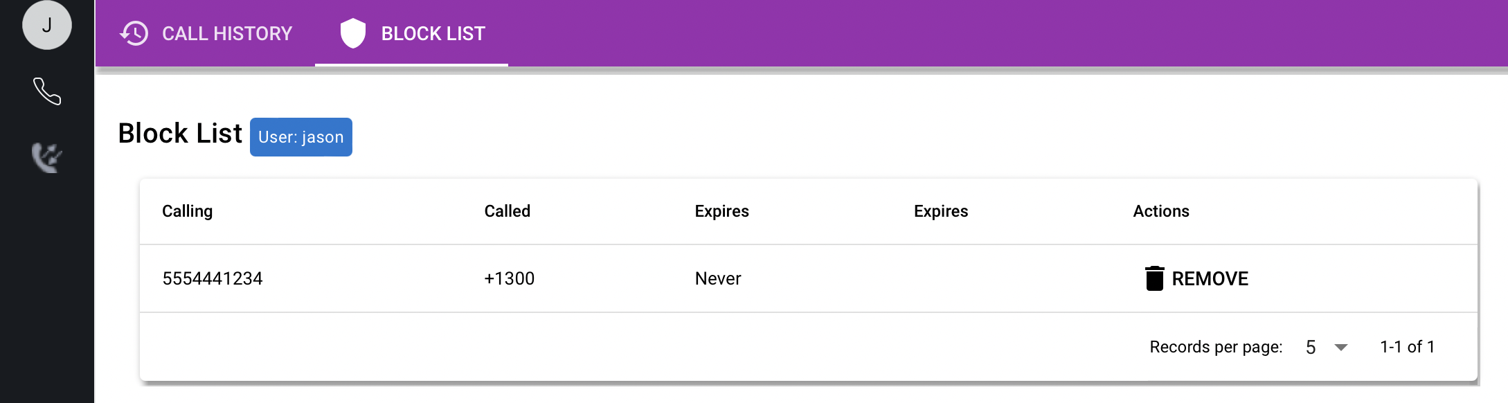 Screenshot showing the Cisco Jabber portal with the block list