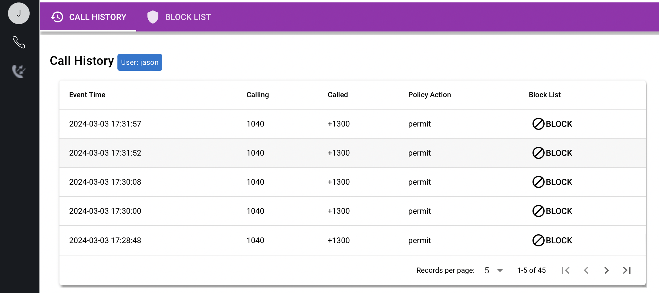 Screenshot showing the Cisco Jabber portal with call history and block buttons