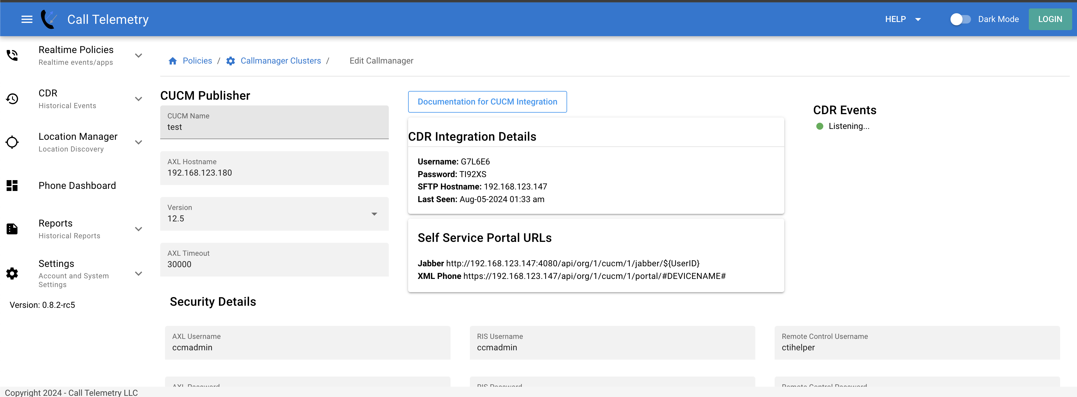 Screenshot showing Cisco Callmanager Service URL