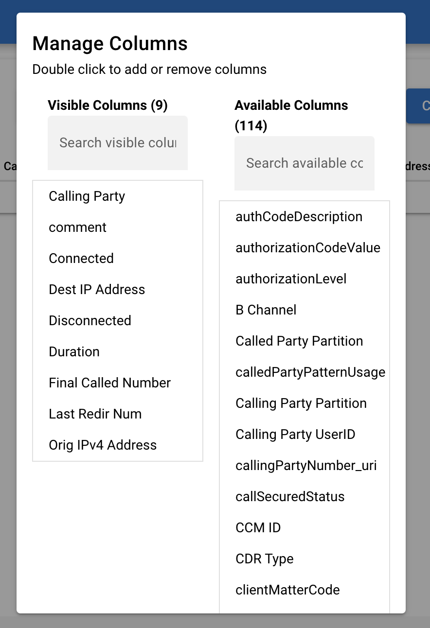 Screenshot of CDR Reporting with column management