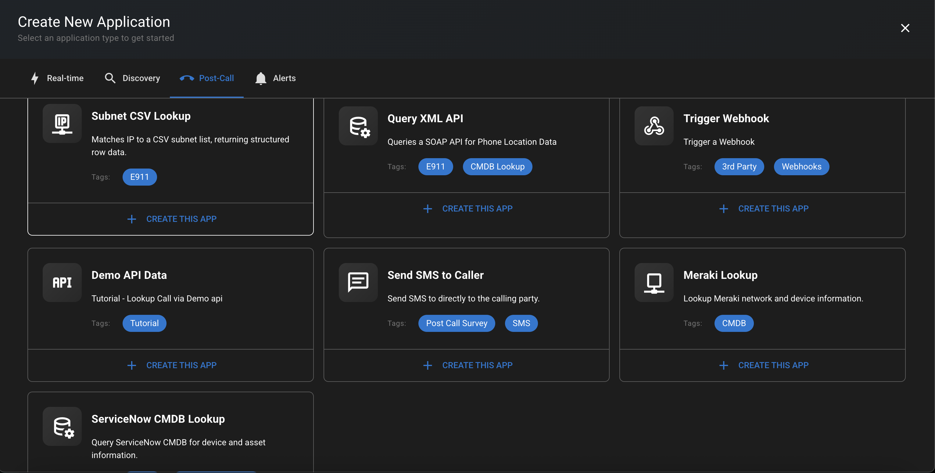 Screenshot showing Post Call App Catalog