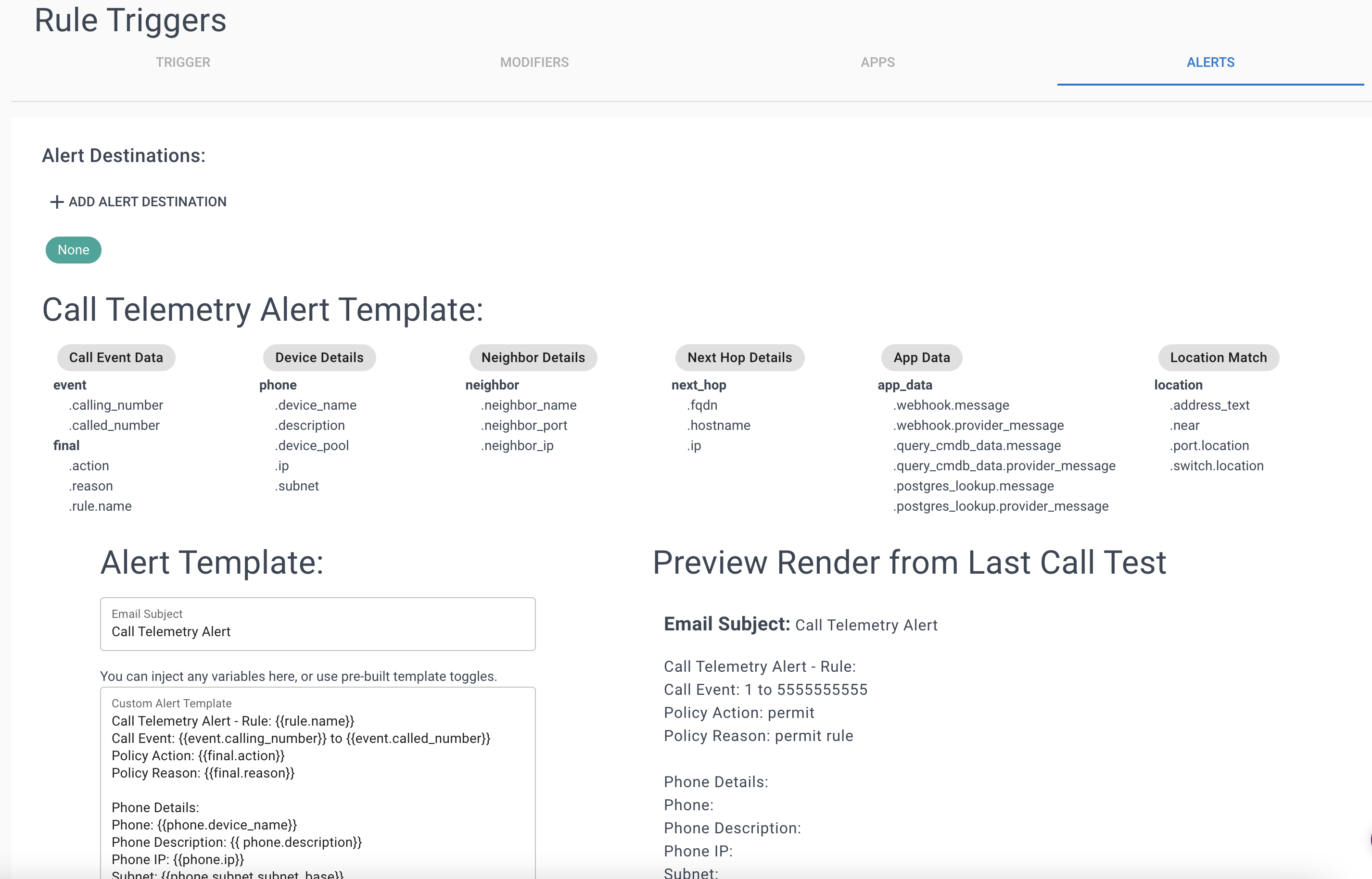 Screen showing rule alert template, and the data sources and variables available