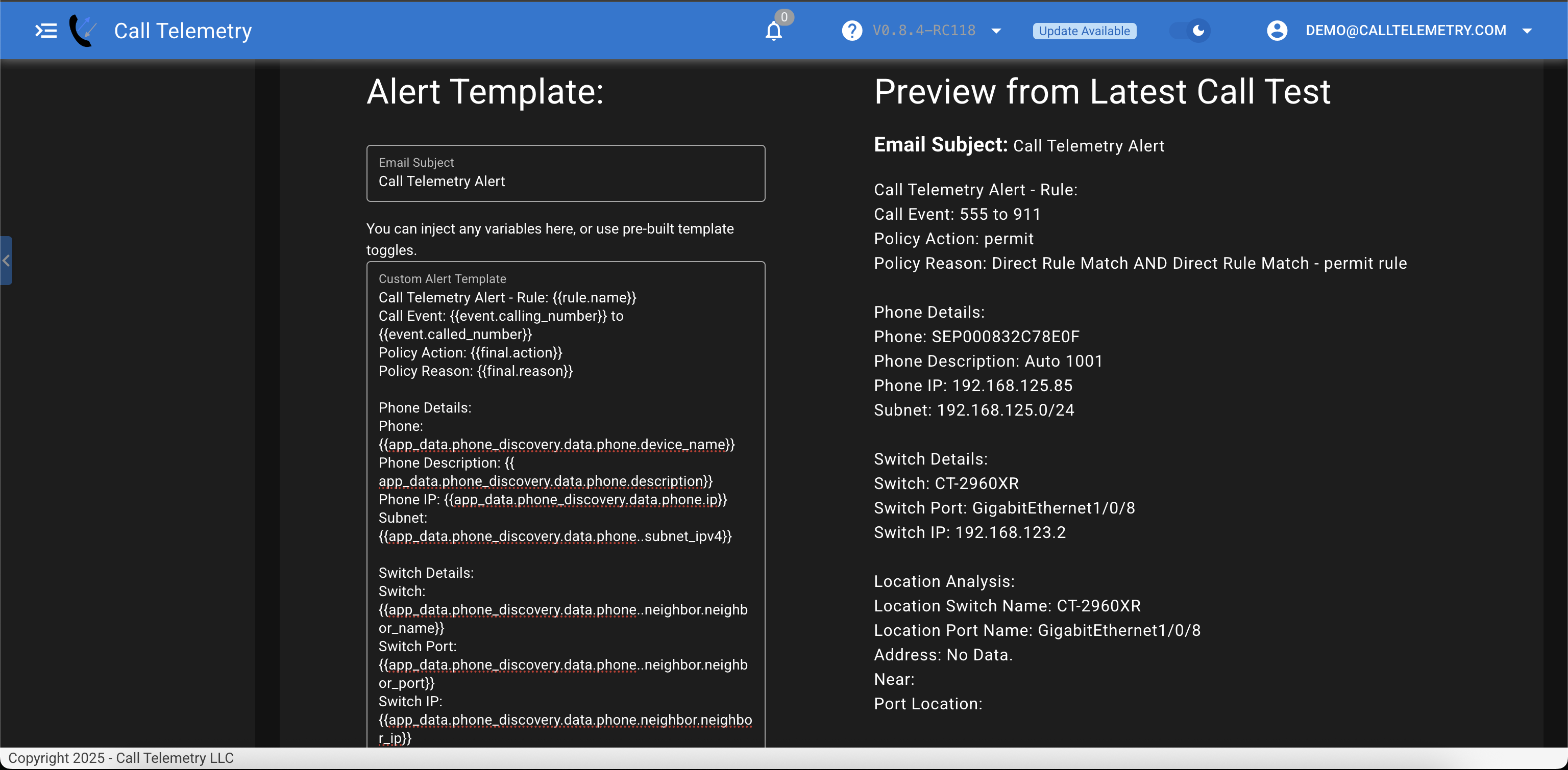 Screenshot showing a preview of an alert rendered from the last call tests data