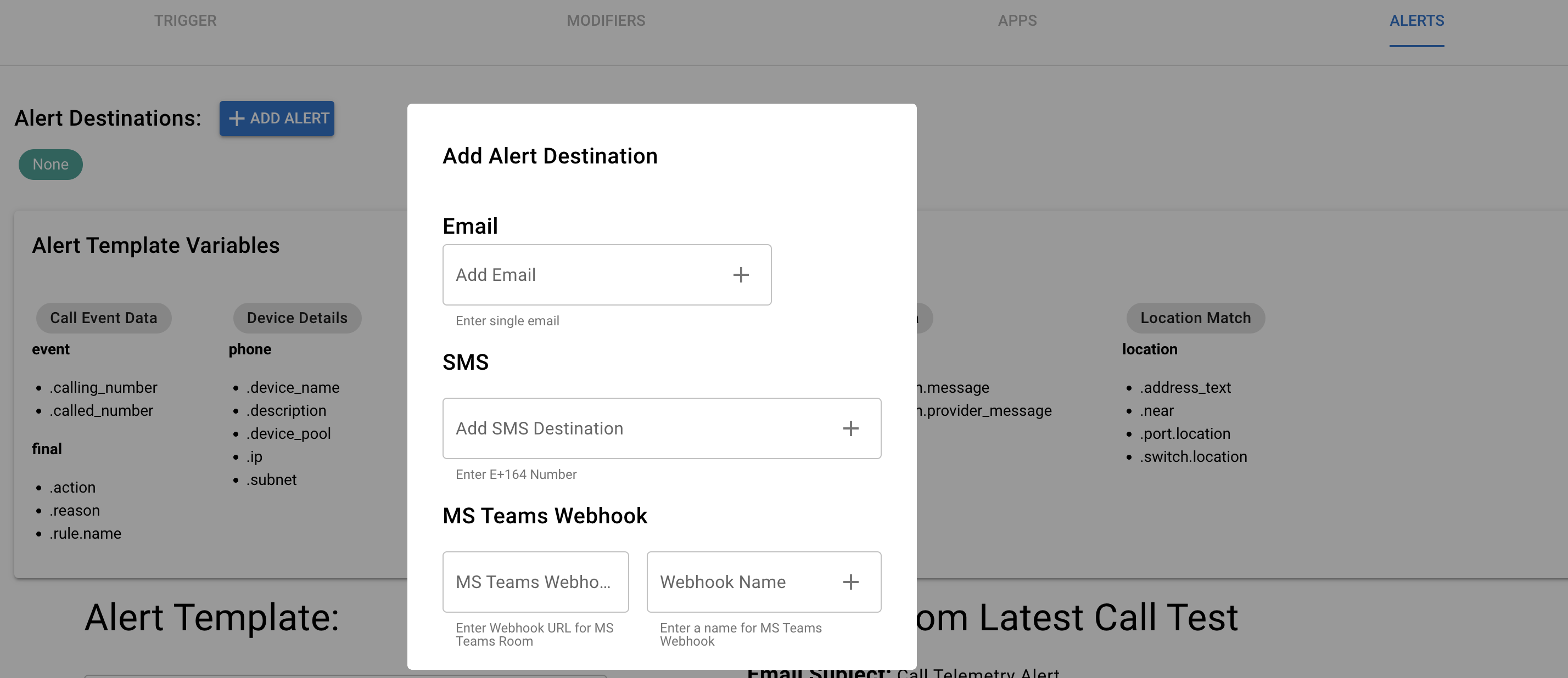 Screenshot of Alert Destinations