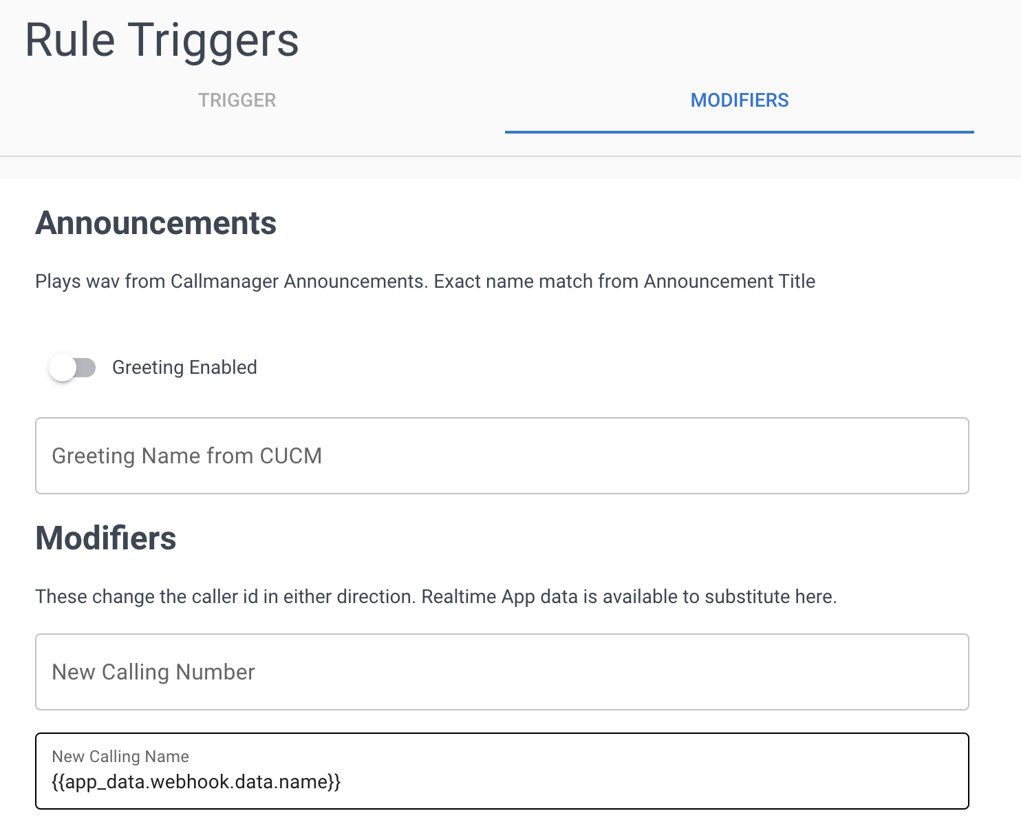 Rule modifiers showing webhook data reference