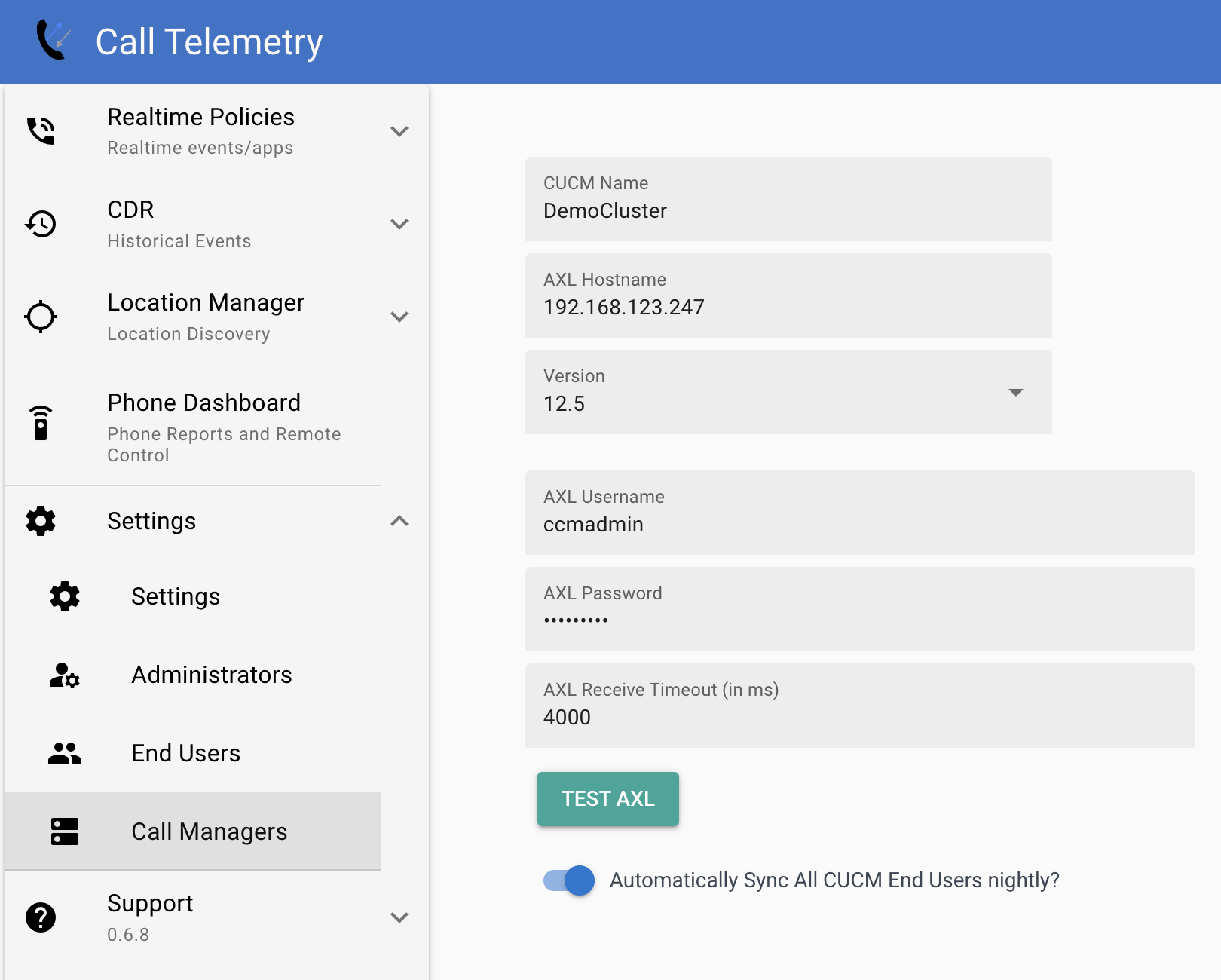 Screenshot showing the Cisco AXL Users Sync Nightly button