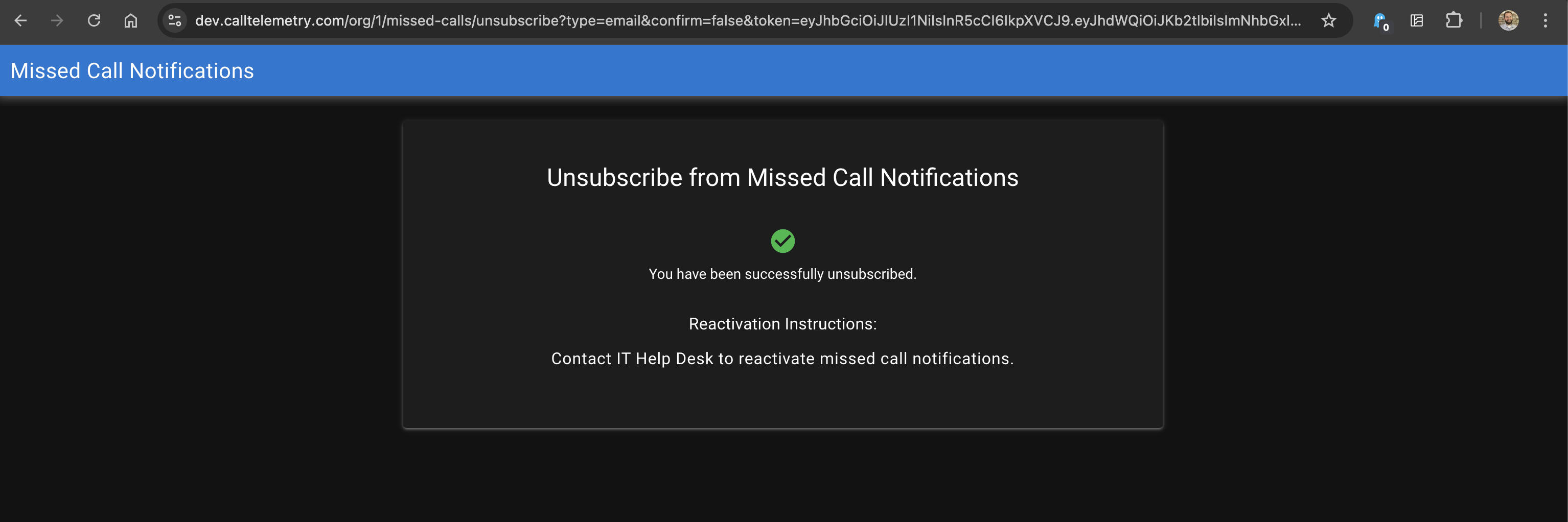 Screenshot of the Unsubscribe Confirmation Page